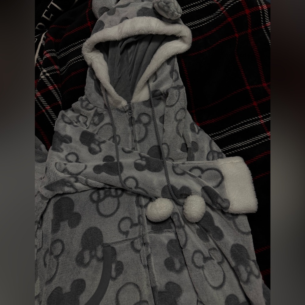 Gray Hooded Robe with Ears and Pom Poms